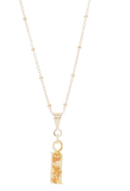14K Gold Plated Letter Charm Necklace featuring a gold 'I' charm on a delicate chain.