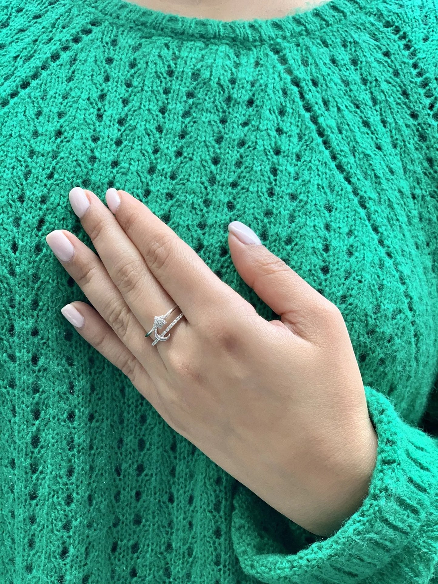 Starlit Crescent Double Band Diamond Ring in Sterling Silver worn by a model