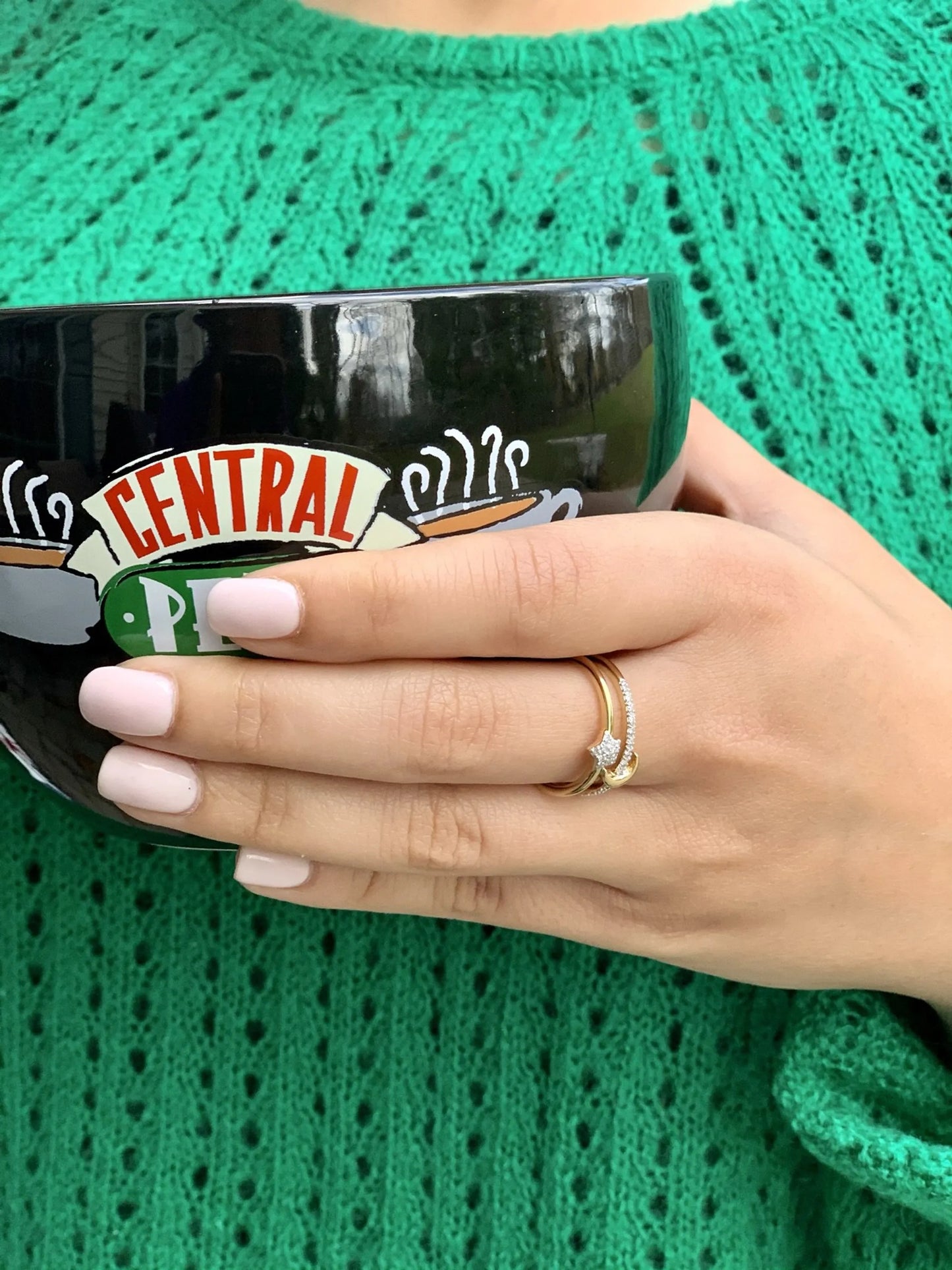 Starlit Crescent Double Band Diamond Ring in Sterling Silver on model's hand