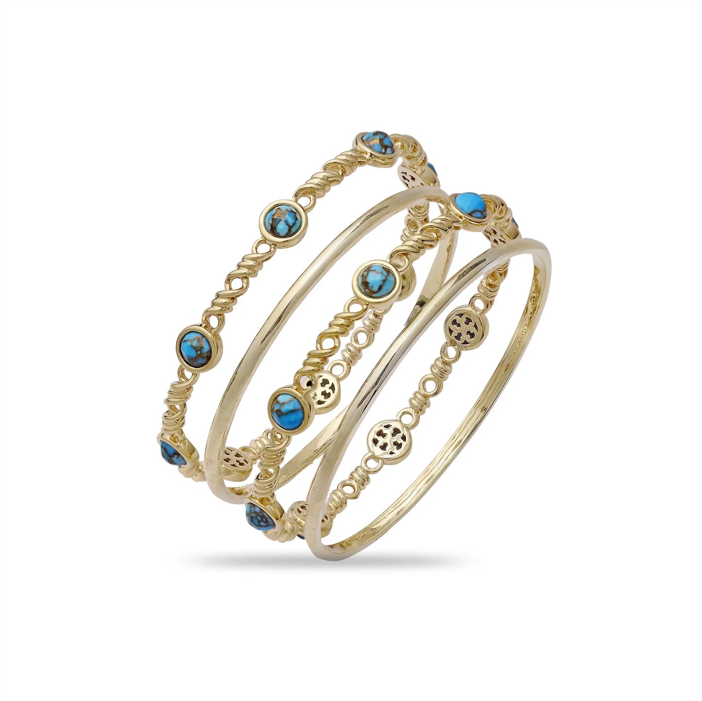 Turquoise Stackable Bangles in 14k yellow gold-plated sterling silver