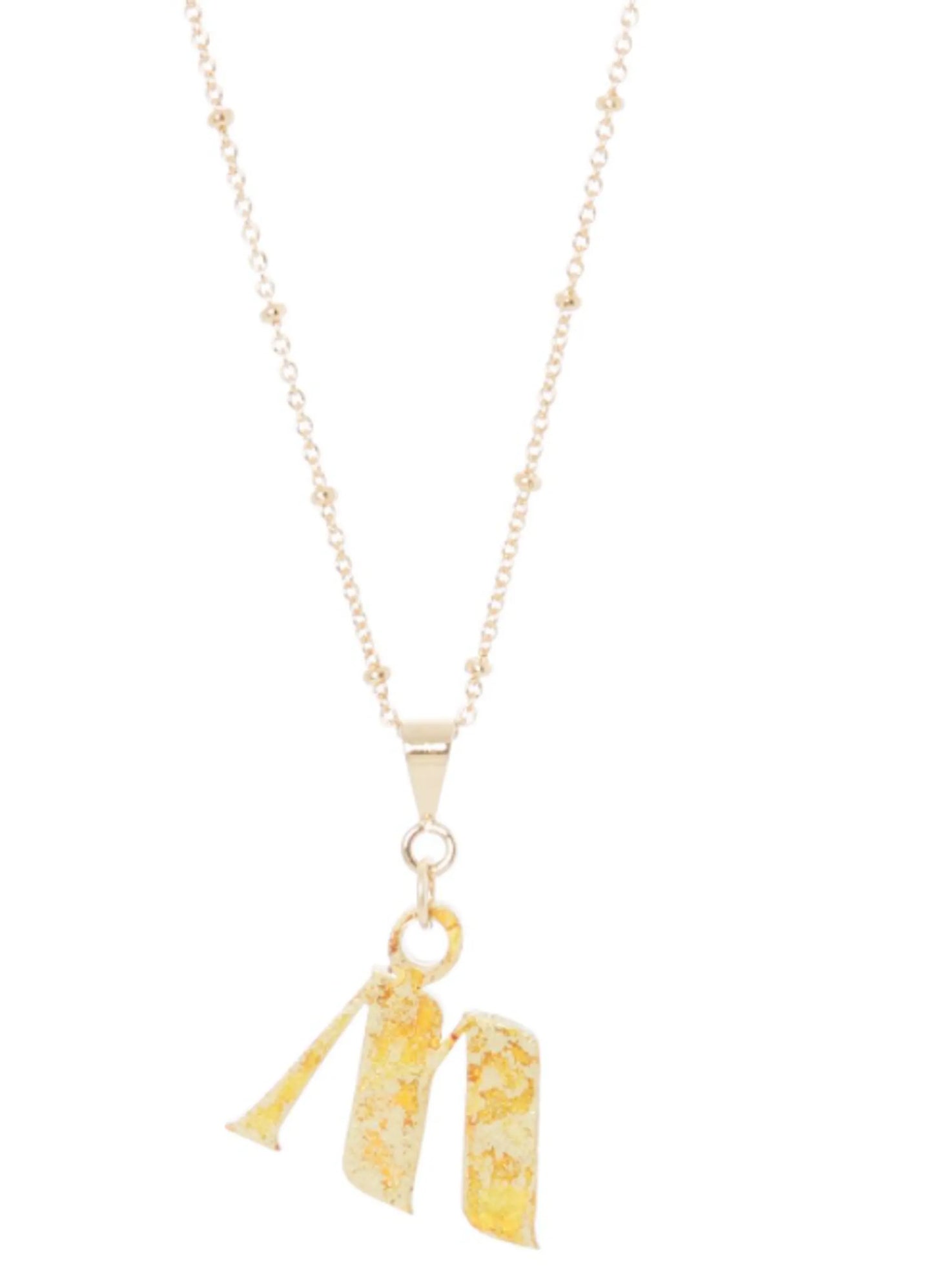 14K Gold Plated Letter Charm Necklace featuring a gold 'M' charm on a delicate chain.