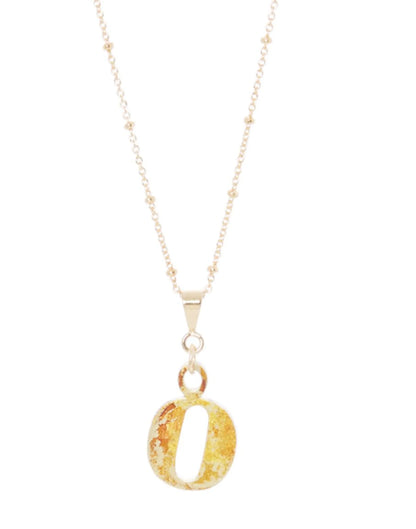 14K Gold Plated Letter Charm Necklace featuring a gold 'O' charm on a delicate chain.