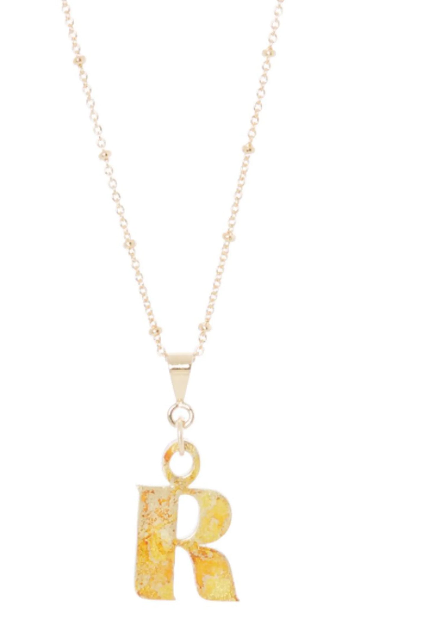 14K Gold Plated Letter Charm Necklace featuring a gold 'R' charm on a delicate chain.