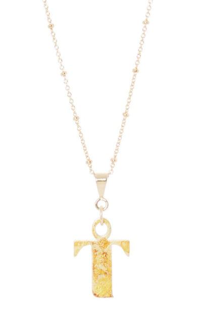 14K Gold Plated Letter Charm Necklace featuring a gold 'T' charm on a delicate chain.