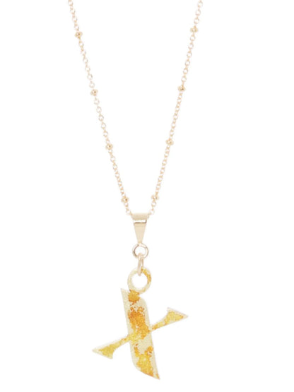 14K Gold Plated Letter Charm Necklace featuring a gold 'X' charm on a delicate chain.