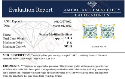 AGS Certified 14k Yellow Gold 1/4 cttw 4 - Prong Set Princess - Cut Solitaire Diamond Push Back Stud Earrings - Nobiliving
