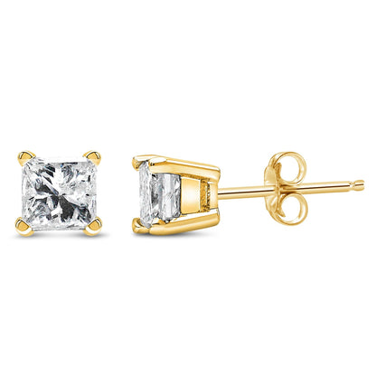 AGS Certified 14k Yellow Gold 1/4 cttw 4 - Prong Set Princess - Cut Solitaire Diamond Push Back Stud Earrings - Nobiliving