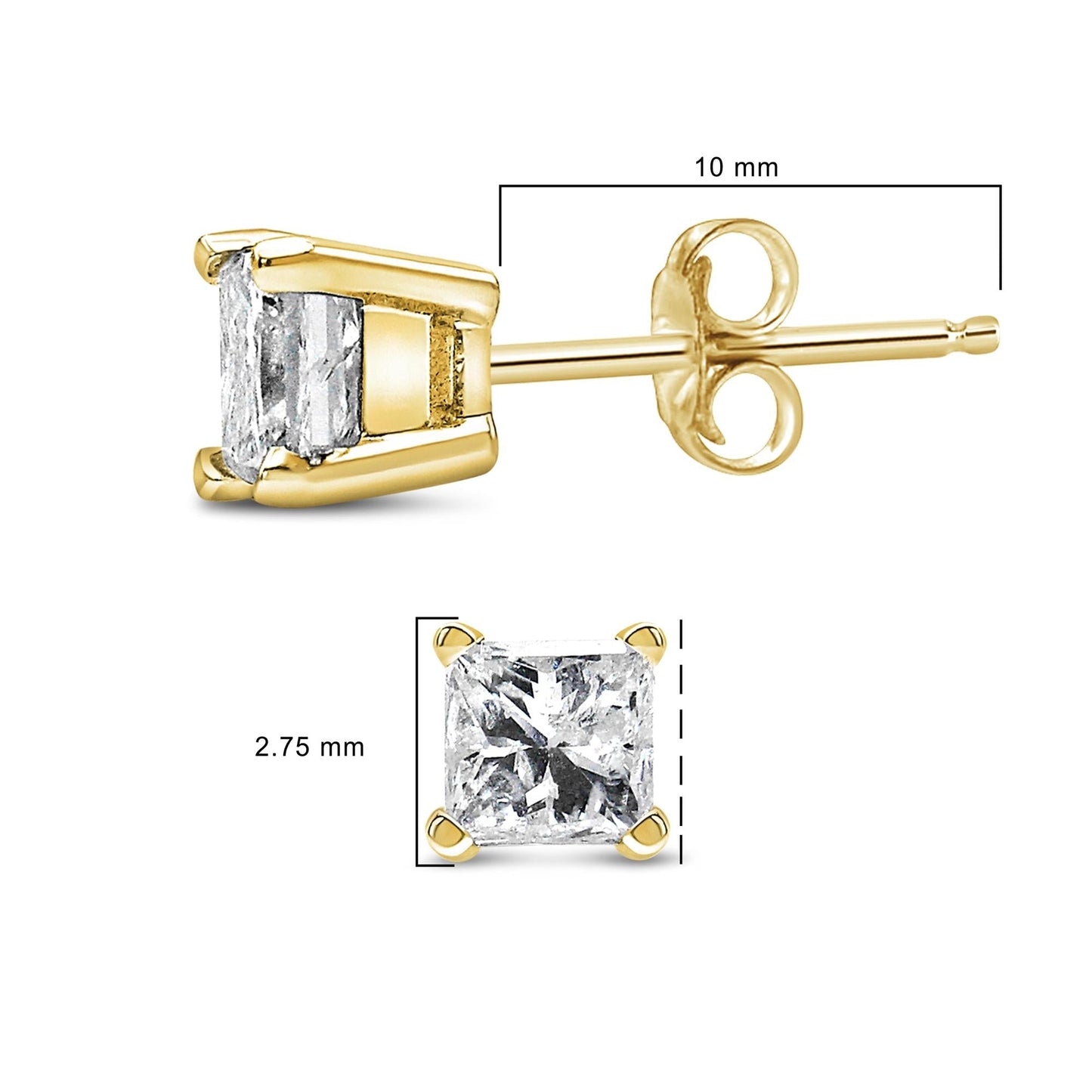 AGS Certified 14k Yellow Gold 1/4 cttw 4 - Prong Set Princess - Cut Solitaire Diamond Push Back Stud Earrings - Nobiliving