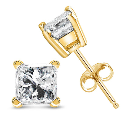 AGS Certified 14k Yellow Gold 1/4 cttw 4 - Prong Set Princess - Cut Solitaire Diamond Push Back Stud Earrings - Nobiliving