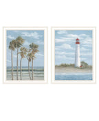 Cape May Lighthouse and Palm Trees White Framed Wall Art - Set of Two - Nobiliving