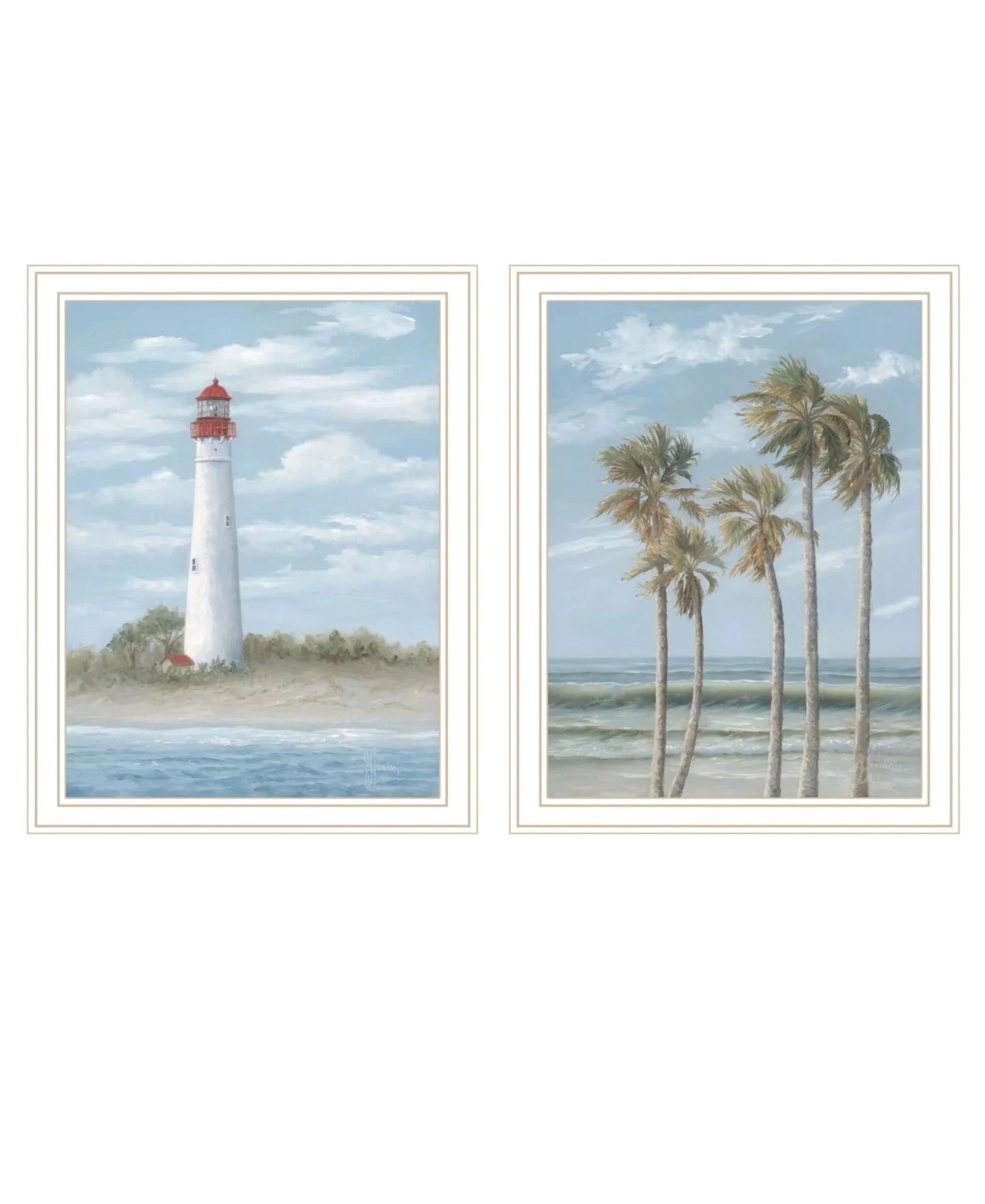 Cape May Lighthouse and Palm Trees White Framed Wall Art - Set of Two - Nobiliving