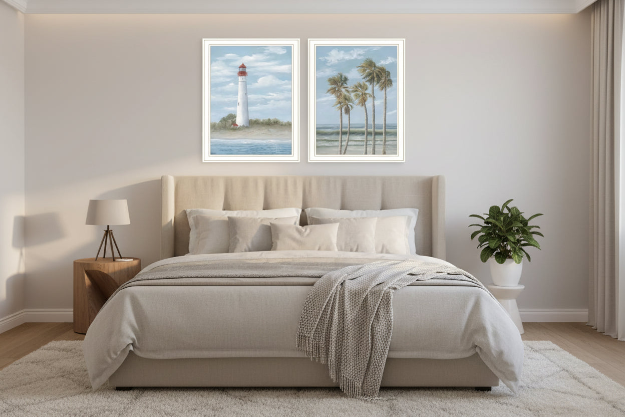 Cape May Lighthouse and Palm Trees White Framed Wall Art - Set of Two - Nobiliving