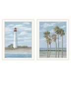 Cape May Lighthouse and Palm Trees White Framed Wall Art - Set of Two
