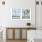 Cape May Lighthouse and Palm Trees White Framed Wall Art - Set of Two - Nobiliving