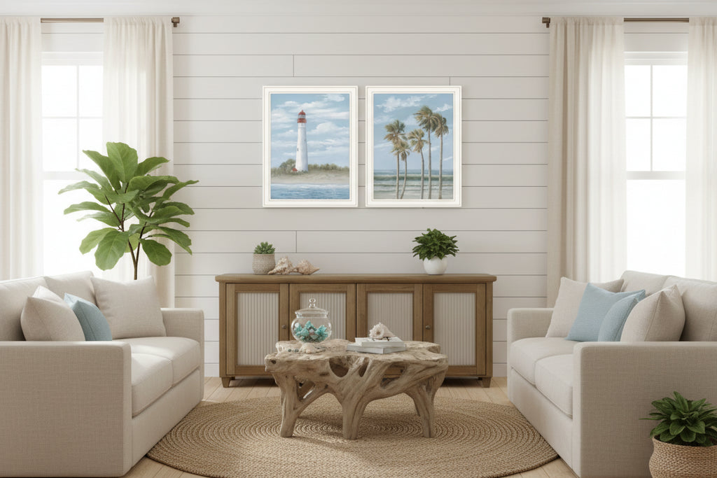 Cape May Lighthouse and Palm Trees White Framed Wall Art - Set of Two - Nobiliving