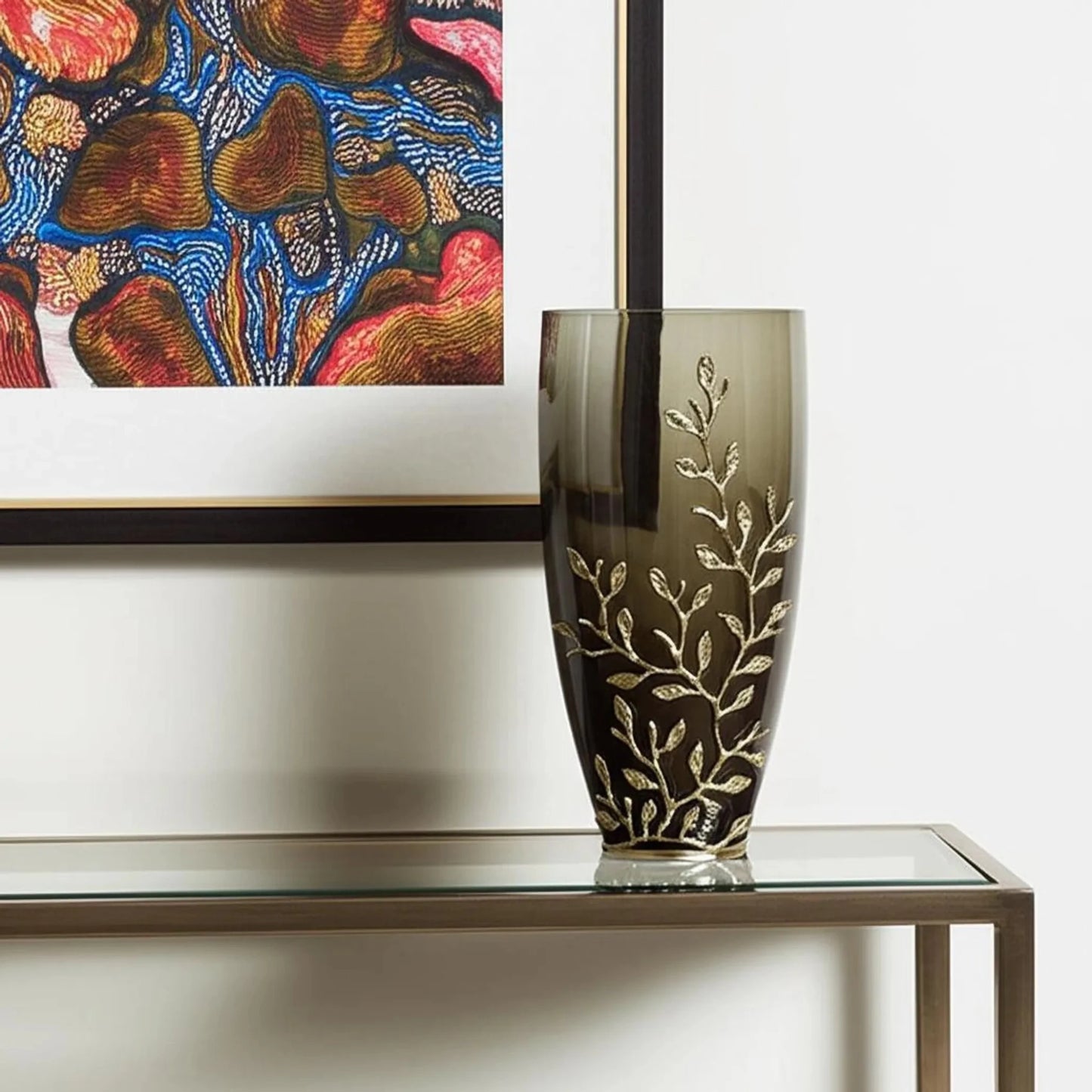 Dark Olive Branch Patterned Glass Aluminum Table Vase - Nobiliving