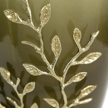 Dark Olive Branch Patterned Glass Aluminum Table Vase - Nobiliving