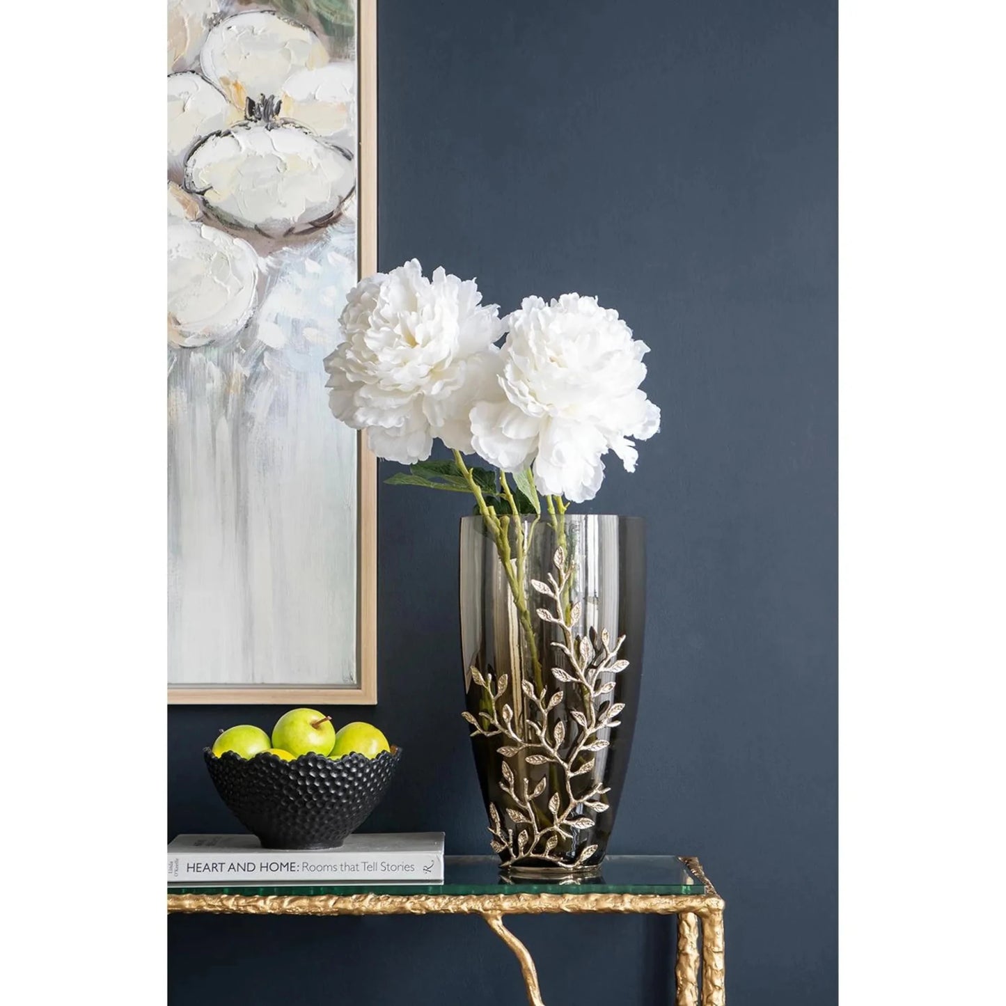 Dark Olive Branch Patterned Glass Aluminum Table Vase - Nobiliving