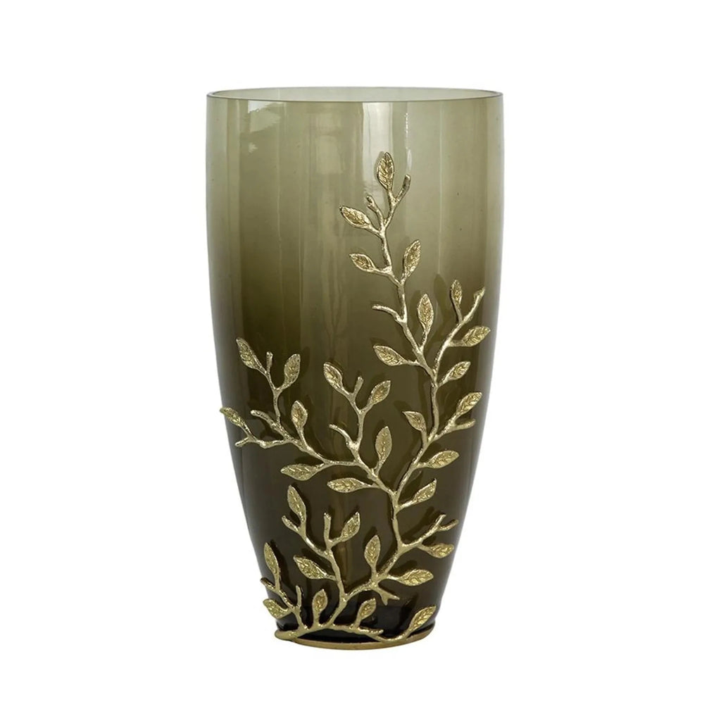 Dark Olive Branch Patterned Glass Aluminum Table Vase - Nobiliving