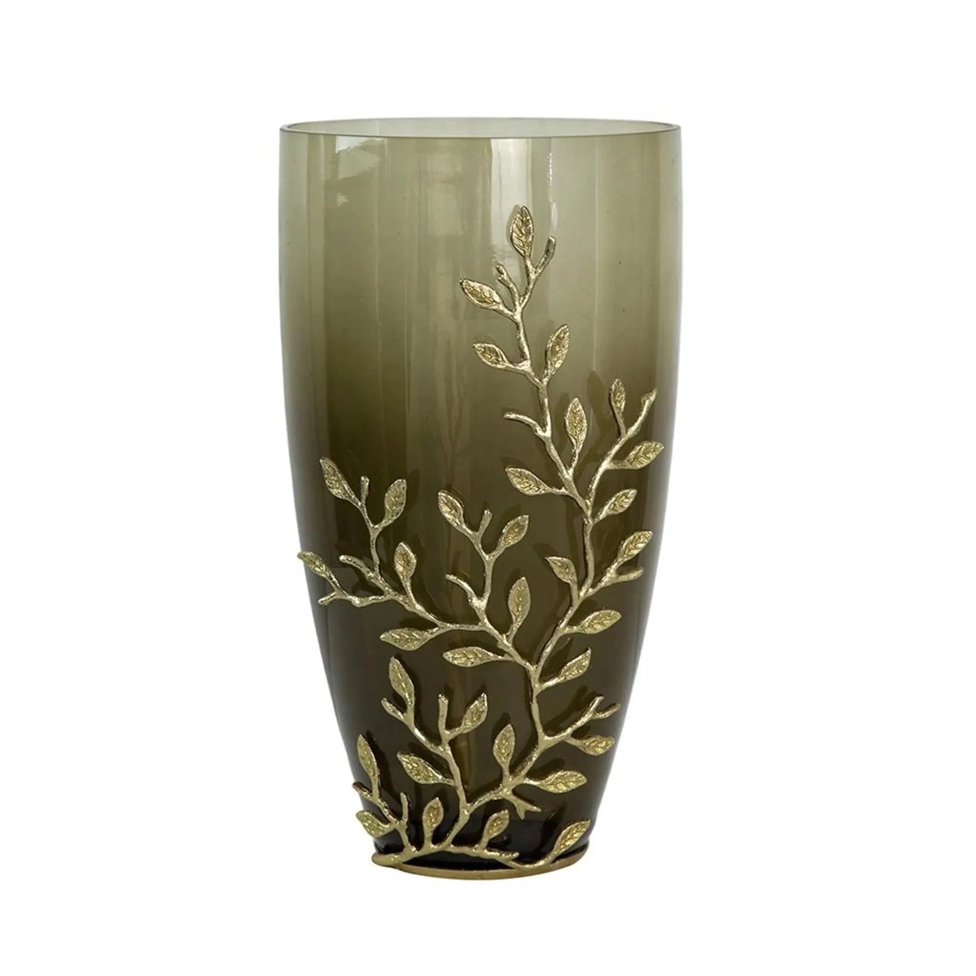 Dark Olive Branch Patterned Glass Aluminum Table Vase - Nobiliving