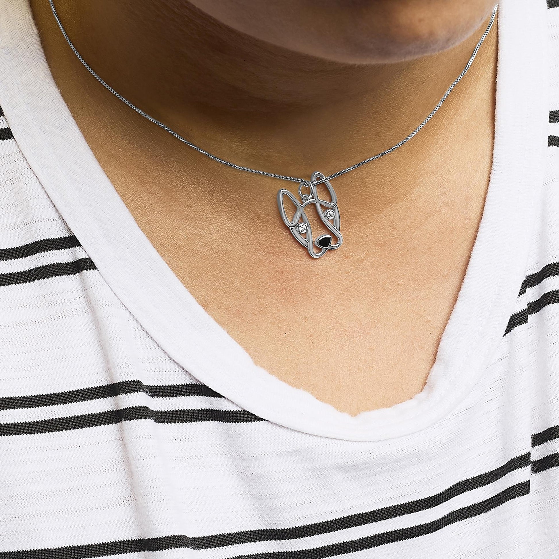 Diamond Accent and Black Enamel French Bulldog Pendant Necklace - Nobiliving