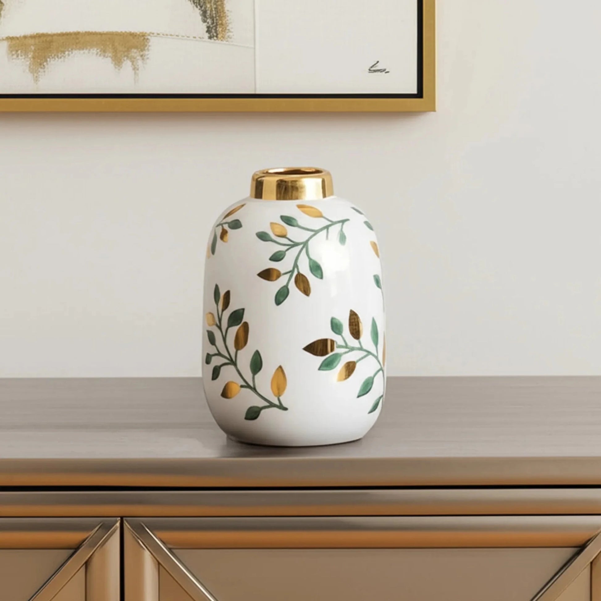 Leaf Round Ceramic Table Vase - Hand Painted - Nobiliving