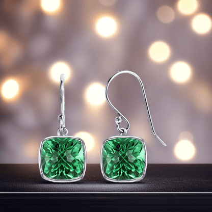 Luxurious 4.50CTW Lab Grown Cushion Cut Emerald Drop Earrings in 925 Sterling Silver - 8mm Square Gems - nobiliving.com