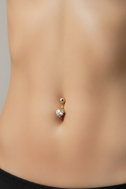 Navel Ring, 1/2" yellow gold with Clear Round Prong Set CZ