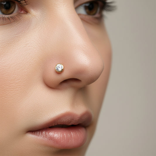 14Kt Yellow Gold Screw Nose Ring with Press Fit CZ