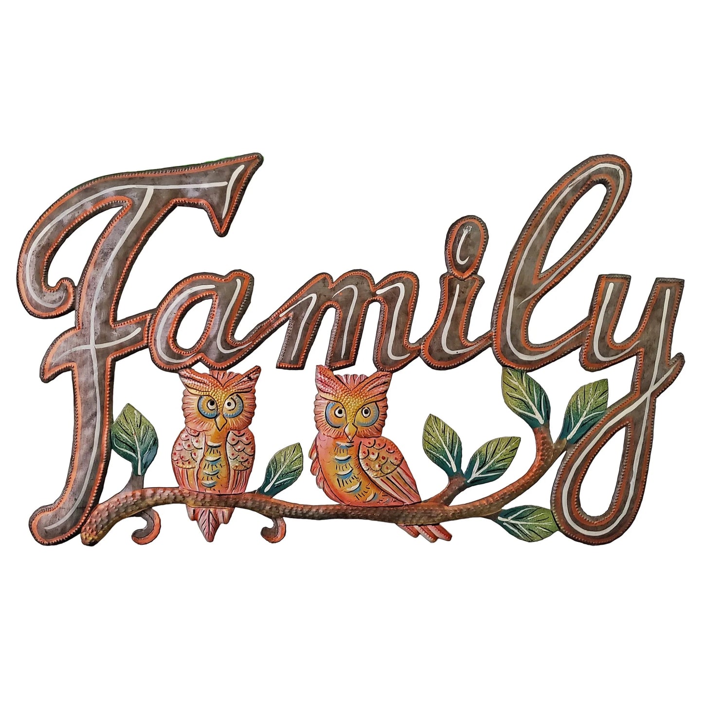 Painted Copper Family with 2 Owls - Wall Decor