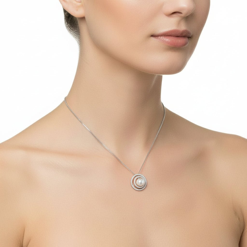 Pave Diamond & Round Pearl Spiral Openwork Pendant Necklace