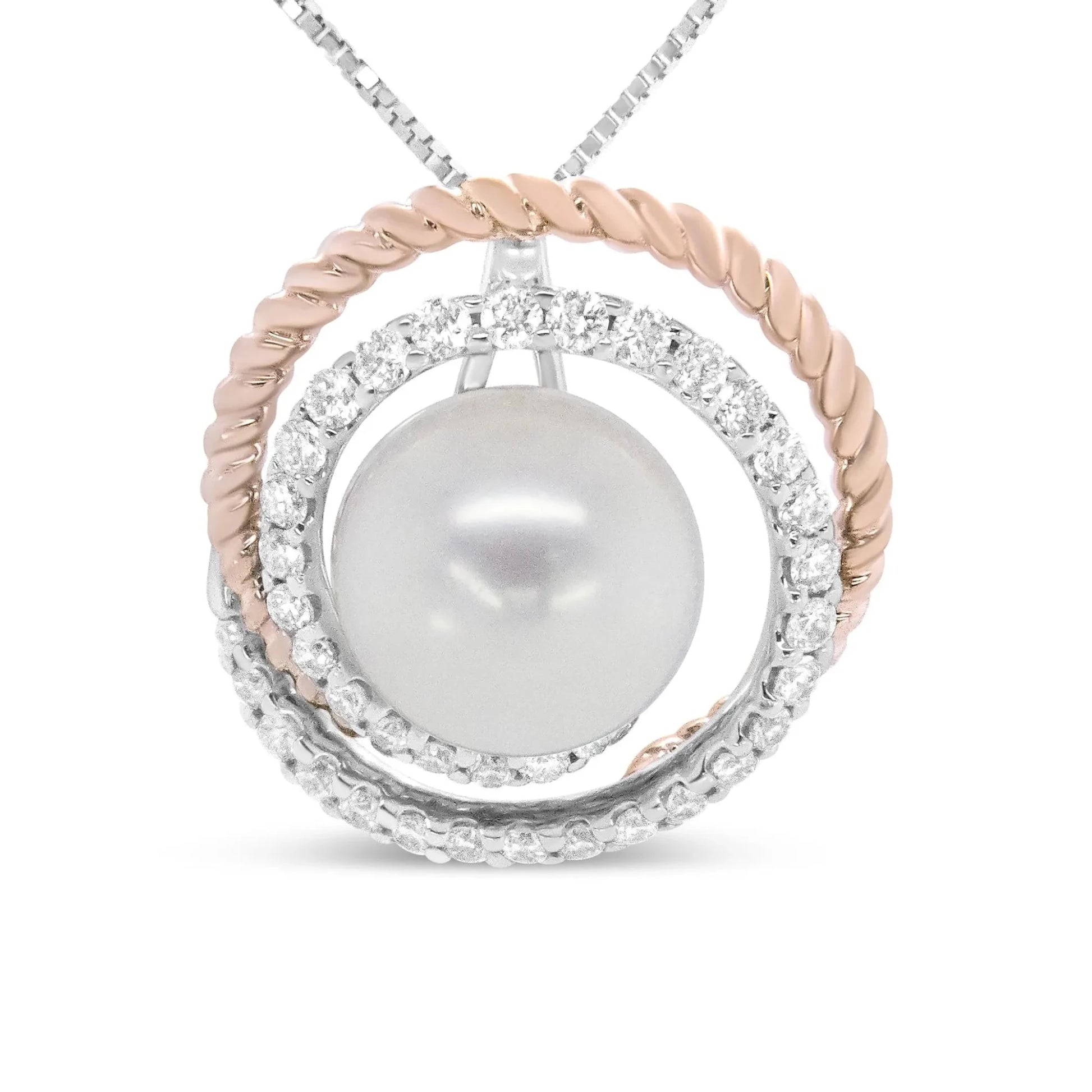 Pave Diamond & Round Pearl Spiral Openwork Pendant Necklace