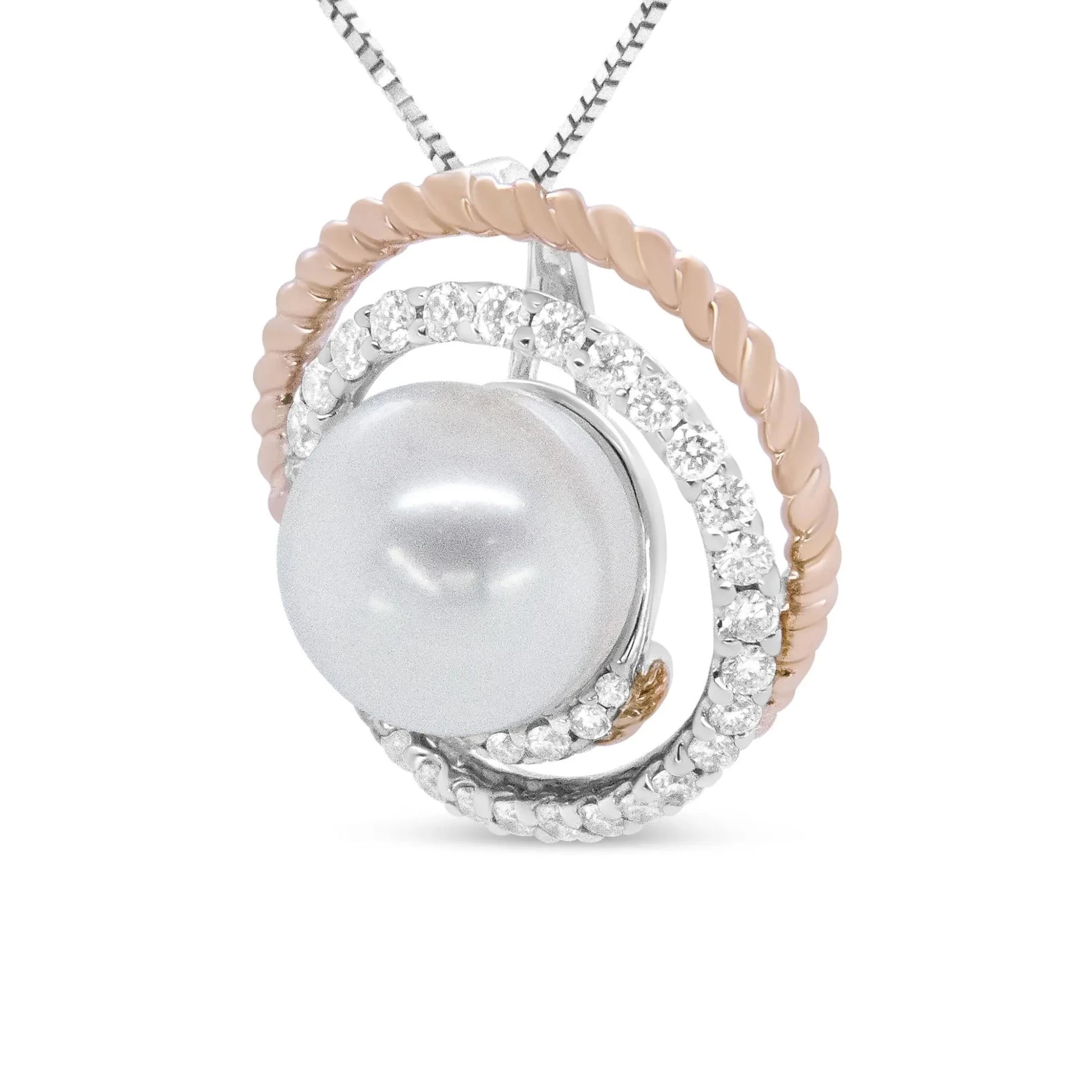 Pave Diamond & Round Pearl Spiral Openwork Pendant Necklace