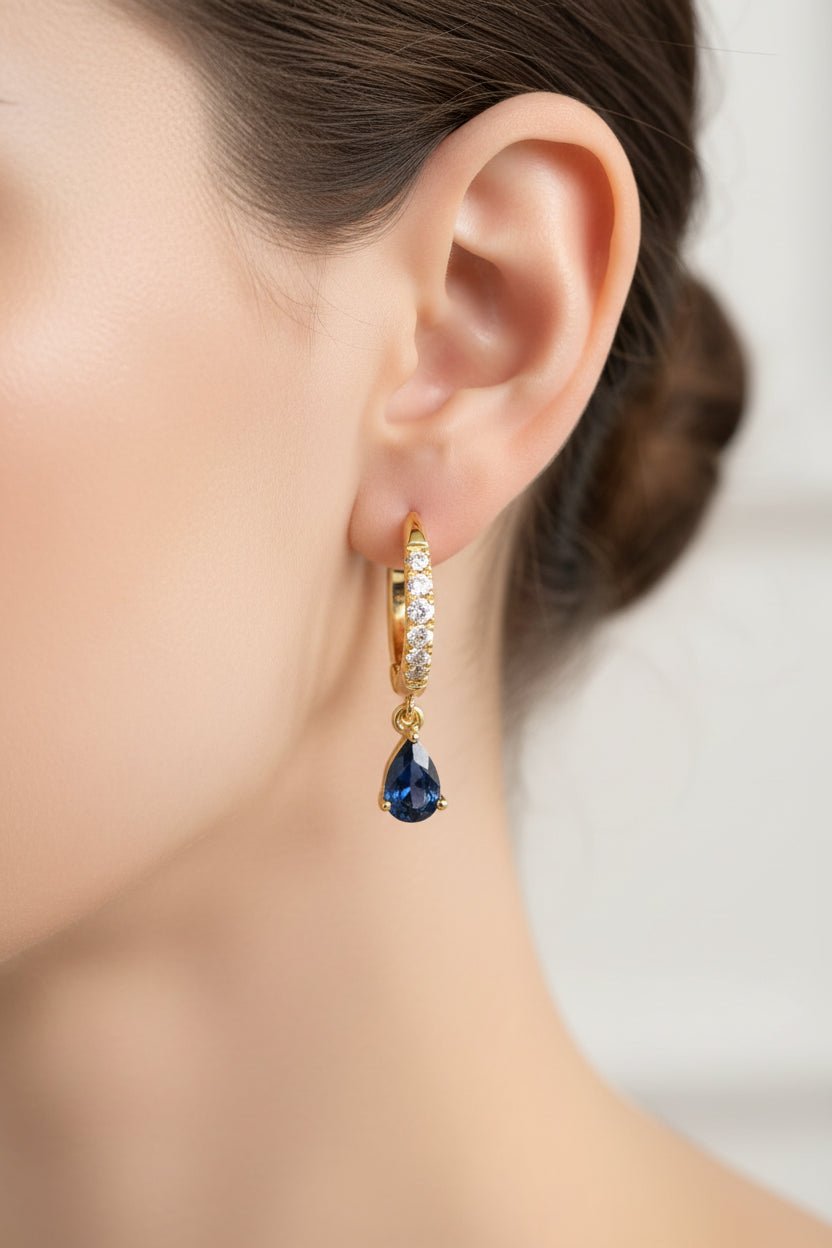 Pear Blue Sapphire and Diamond Drop and Dangle Hoop Earrings