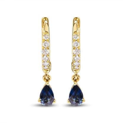 Pear Blue Sapphire and Diamond Drop and Dangle Hoop Earrings