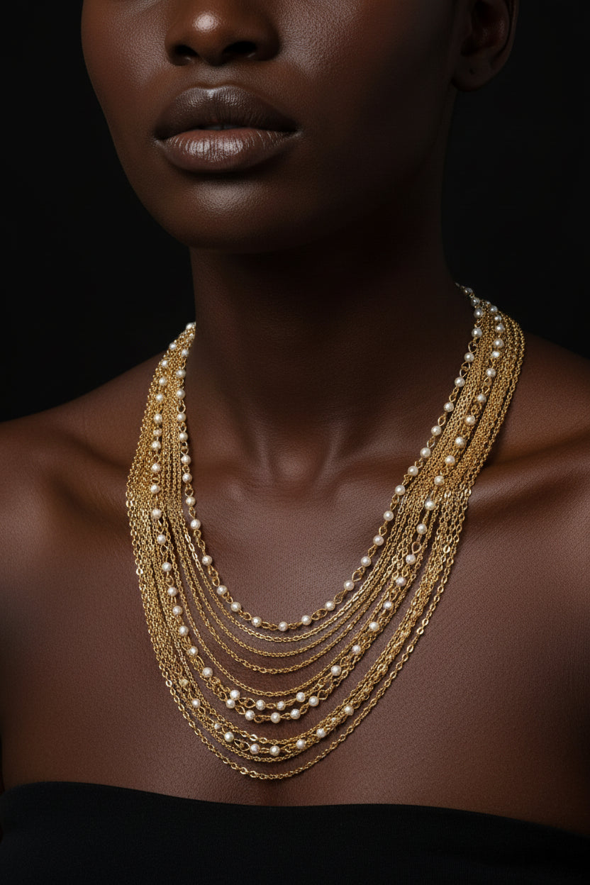 Pearl and Chain Necklace - gold-plated brass and acrylic pearls