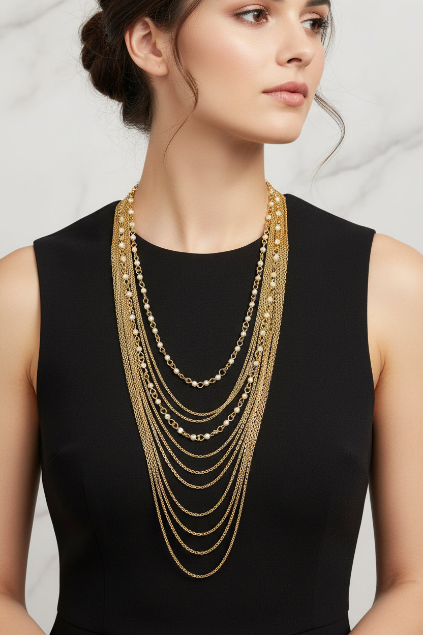 Pearl and Chain Necklace - gold-plated brass and acrylic pearls