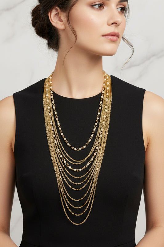 Pearl and Chain Necklace - gold-plated brass and acrylic pearls