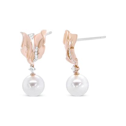 Round Diamond and Round Pearl Floral Drop Stud Earrings