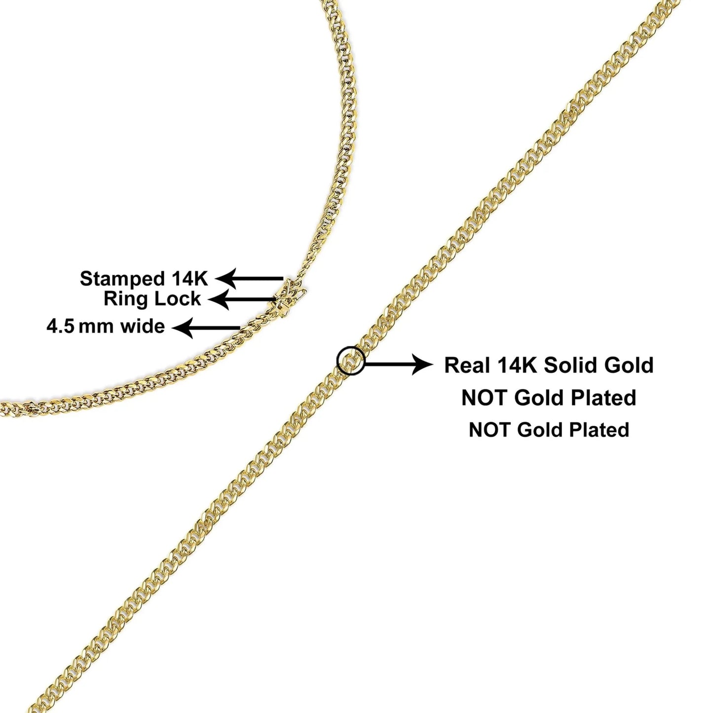 Semi-Solid 14K Yellow Gold 4.5mm Miami Cuban Chain Necklace