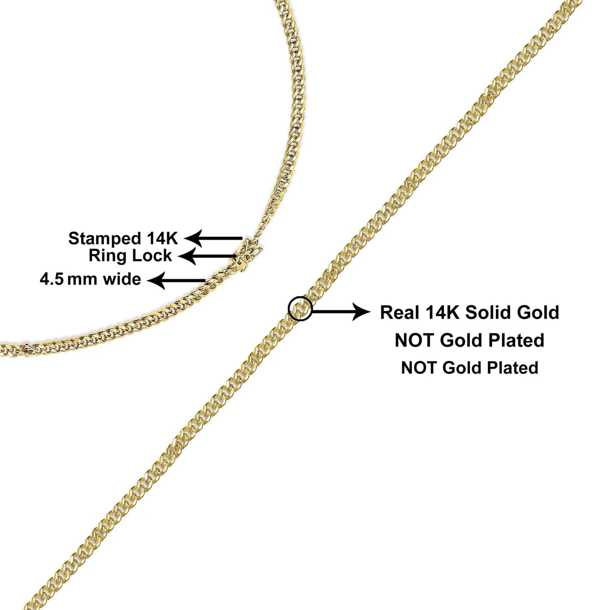 Semi-Solid 14K Yellow Gold 4.5mm Miami Cuban Chain Necklace