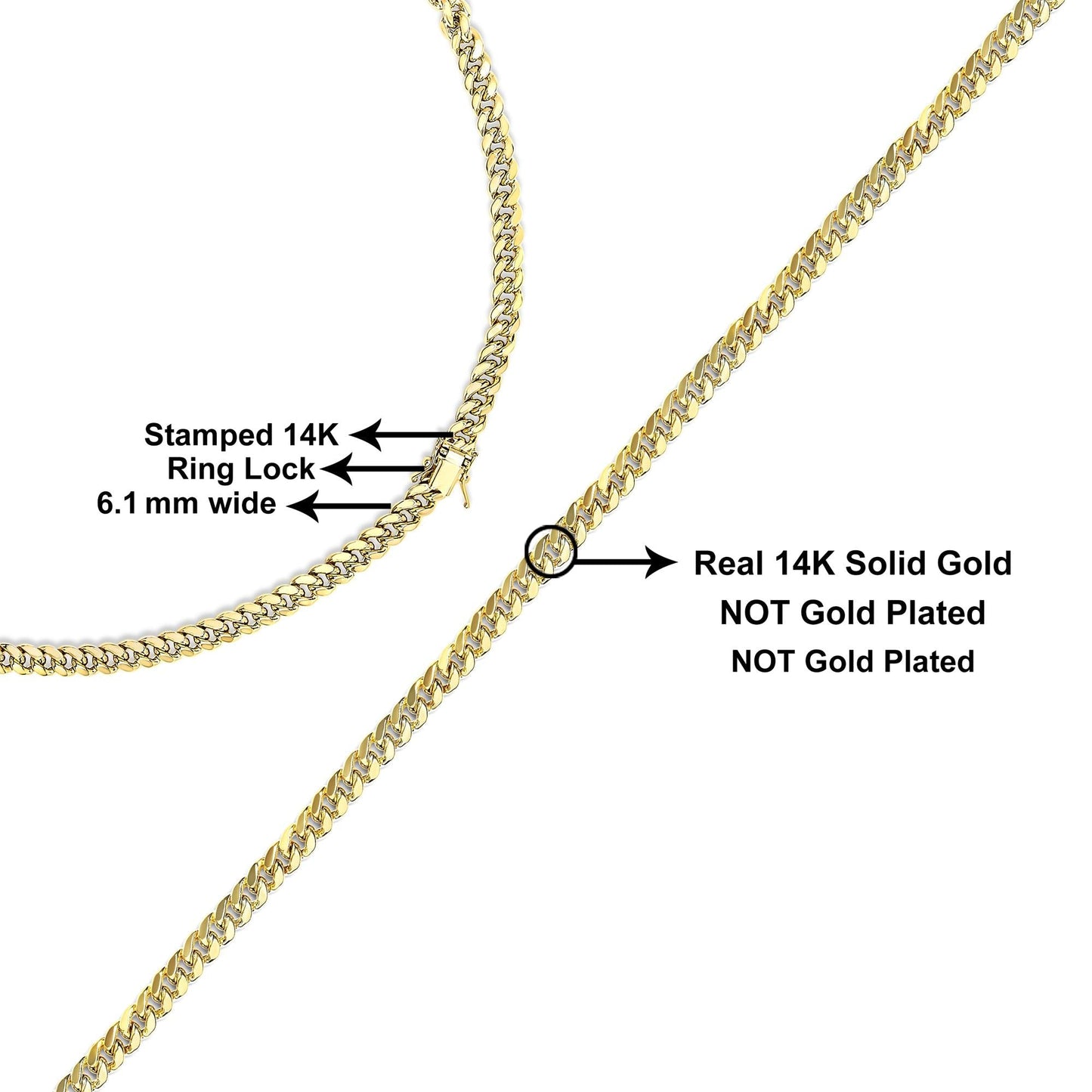 Semi - Solid 14K Yellow Gold 6.1mm Classic Miami Cuban Chain Necklace - Nobiliving