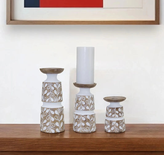 Set of Three Brown and White Stone Powder Botanical Leaf Tabletop Pillar Candle Holders - Nobiliving