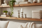 Set of Three Brown and White Stone Powder Botanical Leaf Tabletop Pillar Candle Holders - Nobiliving