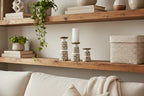 Set of Three Brown and White Stone Powder Botanical Leaf Tabletop Pillar Candle Holders