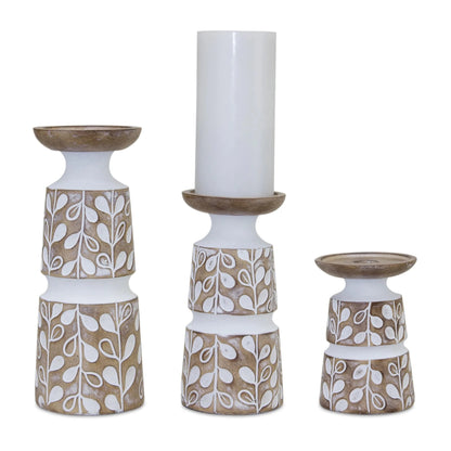 Set of Three Brown and White Stone Powder Botanical Leaf Tabletop Pillar Candle Holders - Nobiliving