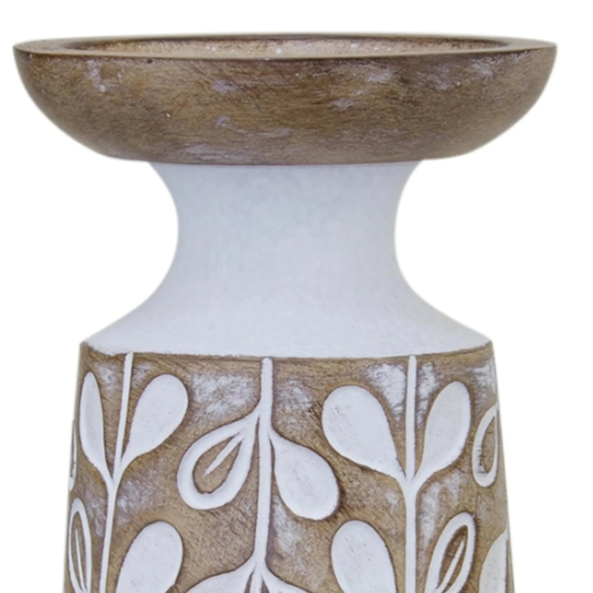 Set of Three Brown and White Stone Powder Botanical Leaf Tabletop Pillar Candle Holders - Nobiliving
