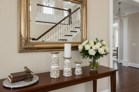 Set of Three Brown and White Stone Powder Botanical Leaf Tabletop Pillar Candle Holders - Nobiliving