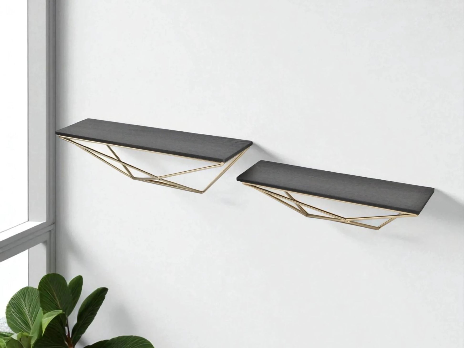 Set Of Two Black and Gold Wood and Metal Modern Wall Mounted Accent Shelves - Nobiliving