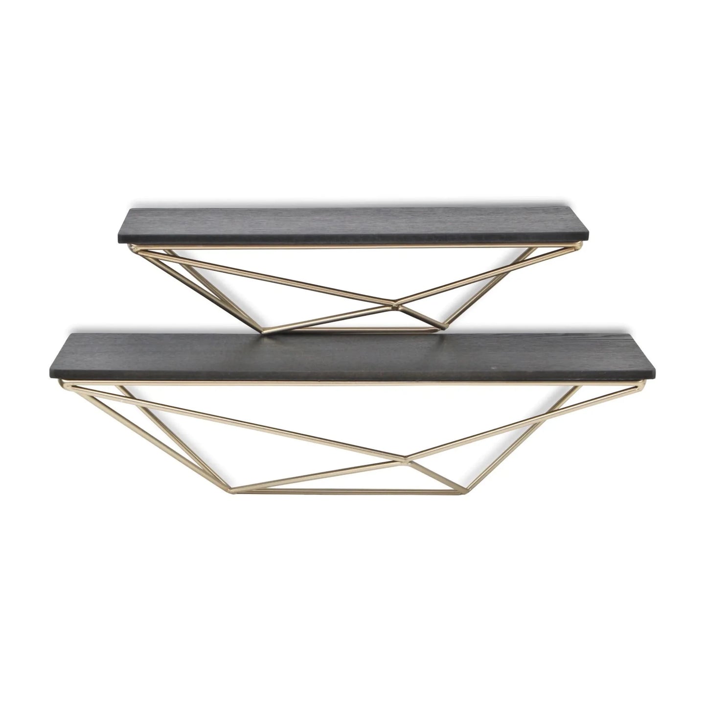 Set Of Two Black and Gold Wood and Metal Modern Wall Mounted Accent Shelves - Nobiliving